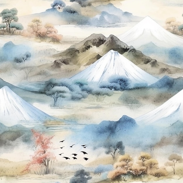 There are many mountains and birds flying in the sky generative ai