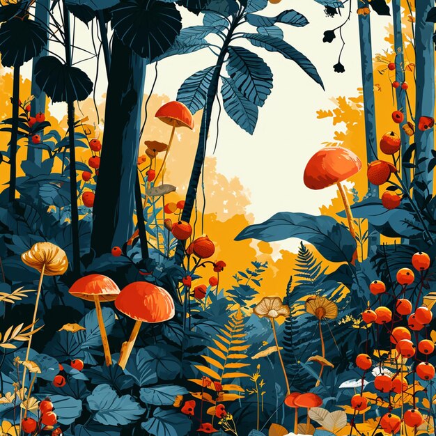 В лесу много грибов с листьями и ягодами.