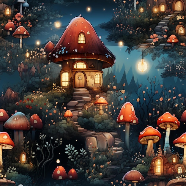 there are many mushrooms and houses in the woods at night generative ai