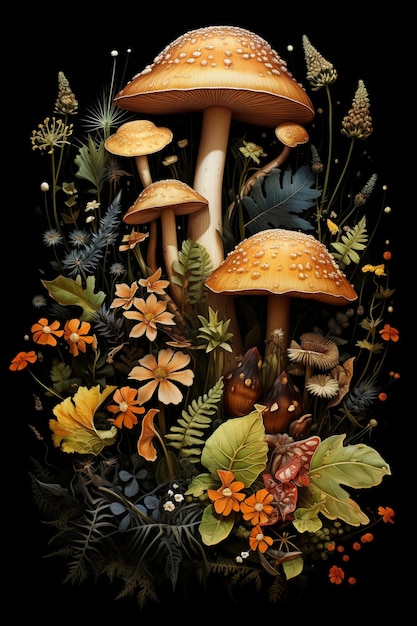 There are many mushrooms and other plants in a field generative ai