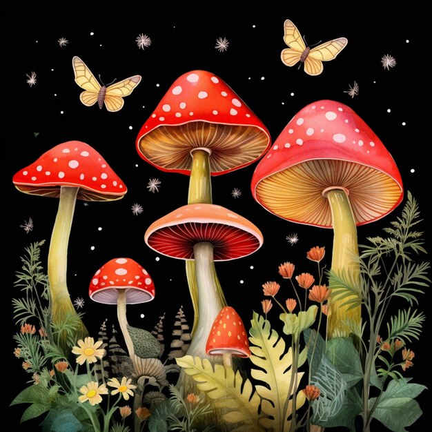 there are many mushrooms that are in the grass with butterflies generative ai