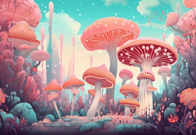 there are many mushrooms that are growing in the grass generative ai