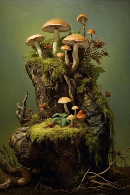 There are many mushrooms that are growing on a mossy rock generative ai