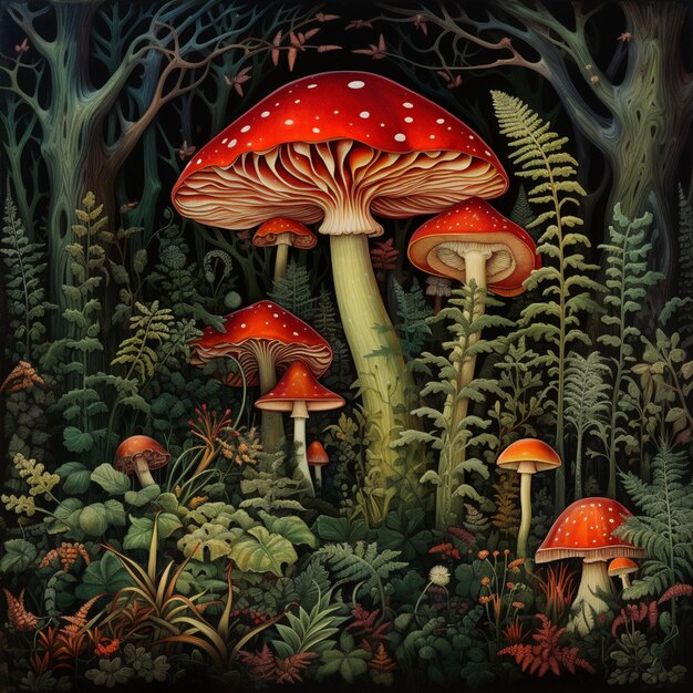 there are many mushrooms that are growing in the woods generative ai