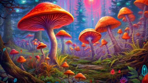 There are many mushrooms that are growing in the woods generative ai