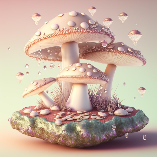 there are many mushrooms that are sitting on a rock generative ai