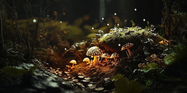 There are many mushrooms that growing on the ground in dark generative ai