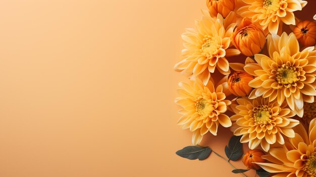 There are many orange flowers on a yellow background with leaves generative ai