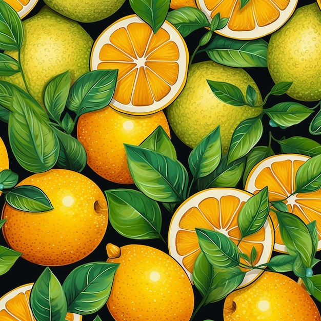 There are many oranges and lemons with leaves on them generative ai