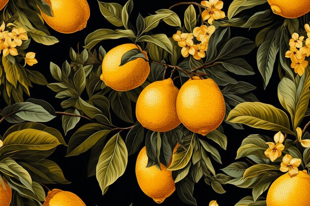 there are many oranges on the tree with leaves and flowers generative ai