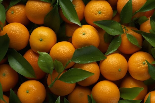 There are many oranges with green leaves on them generative ai