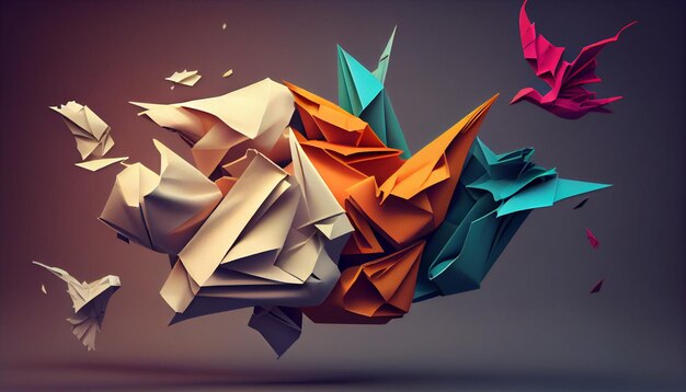 There are many origami birds flying around a colorful object generative ai