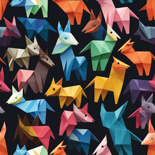 Foto ci sono molti uccelli origami che sono tutti di colori diversi generativo ai