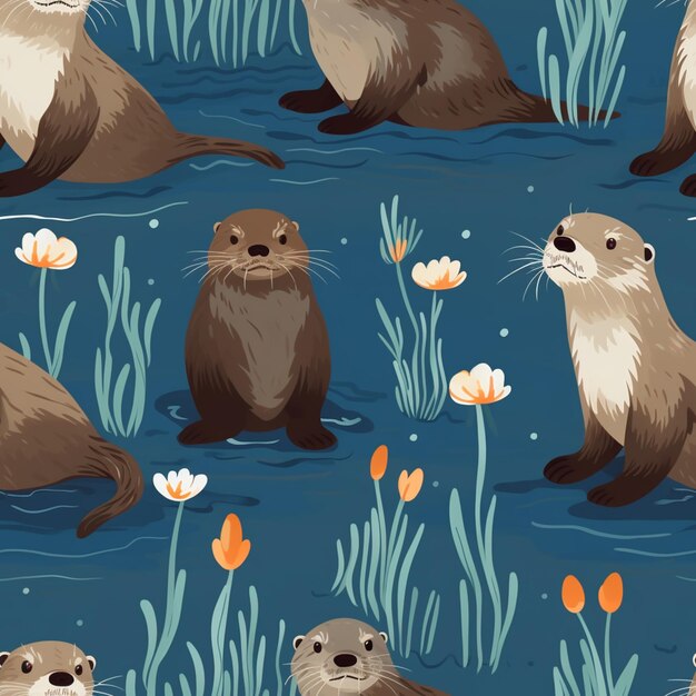 Photo there are many otters that are sitting in the water generative ai