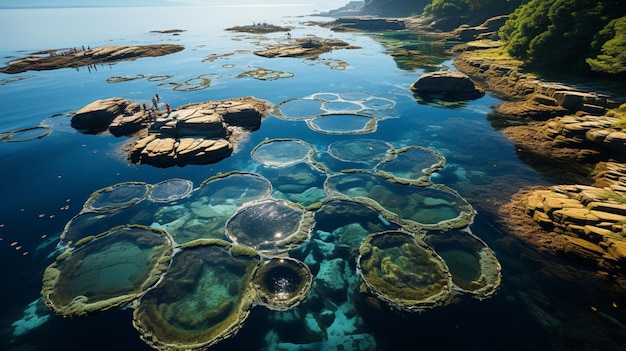 Foto ci sono molte ostriche nell'acqua vicino alla riva generativa ai