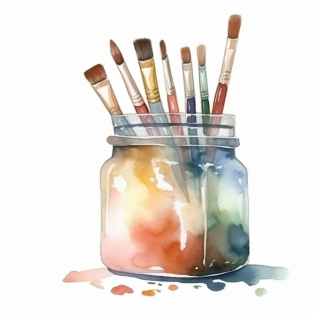 there are many paint brushes in a jar with paint on it generative ai