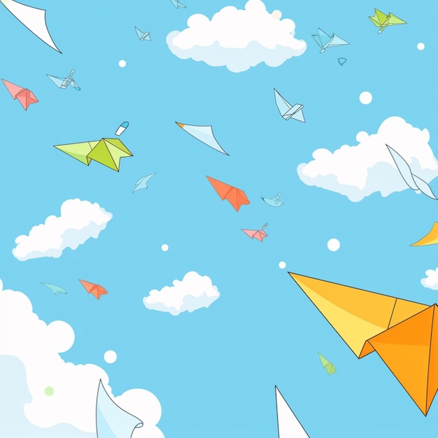 there are many paper airplanes flying in the sky with clouds generative ai