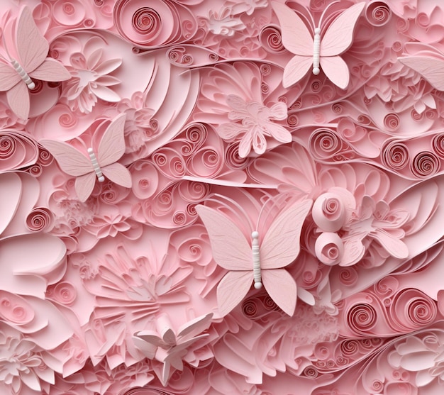 There are many paper butterflies that are on a pink wall generative ai