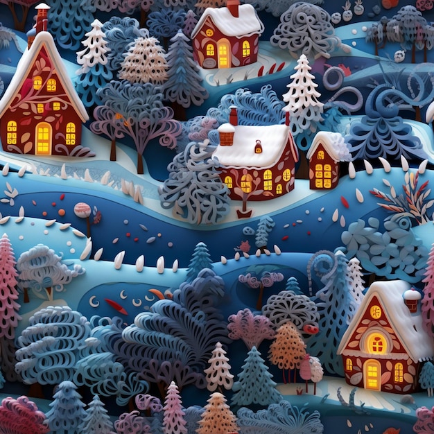 there are many paper cut houses in the snow with trees generative ai
