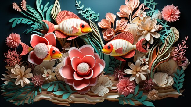 There are many paper flowers and fish in the water generative ai