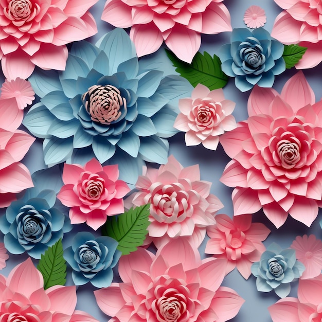 there are many paper flowers that are on a blue surface generative ai