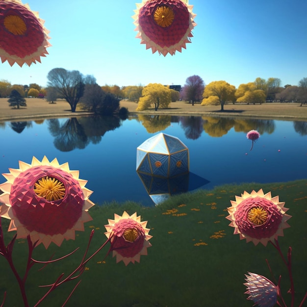 There are many paper flowers that are floating in the water generative ai