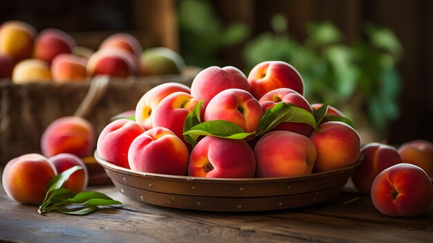 there are many peaches in a bowl on a table Generative AI