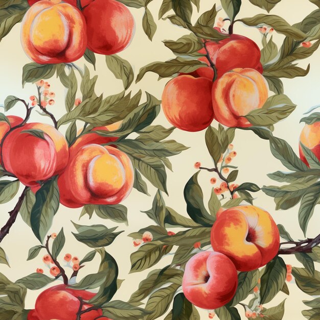 there are many peaches on the tree with leaves and berries generative ai