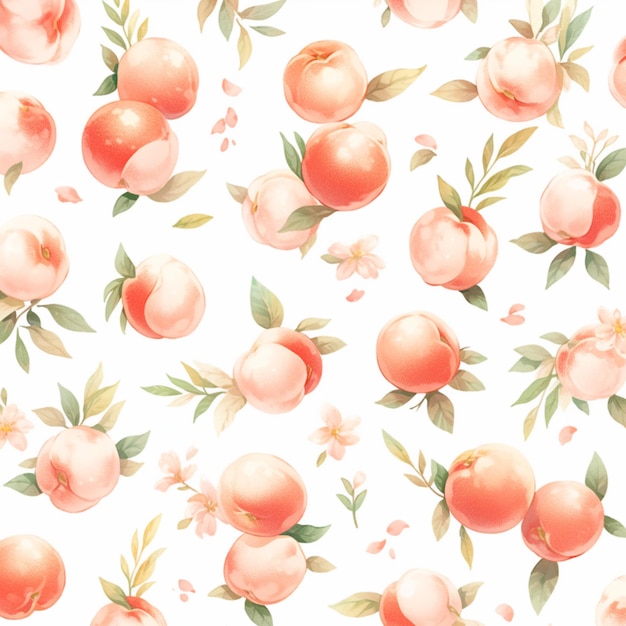 there are many peaches on the white background with green leaves generative ai