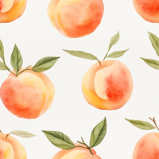 there are many peaches with leaves on them on a white background generative ai