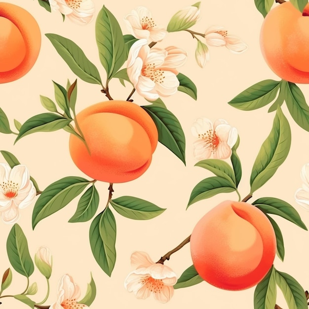 there are many peachs and white flowers on a peach colored background generative ai