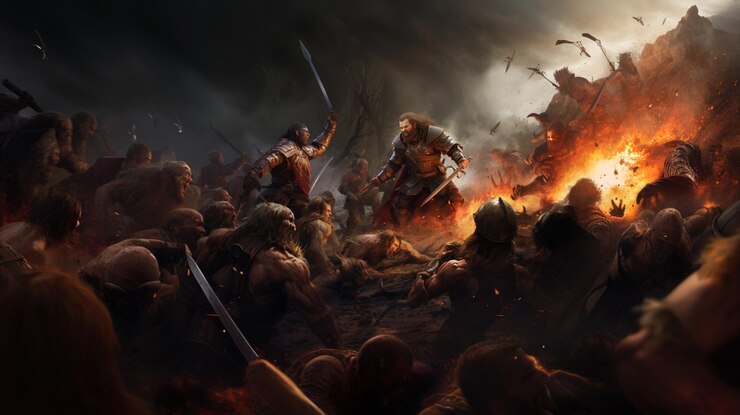 Photo there are many people in a battle with swords and fire generative ai
