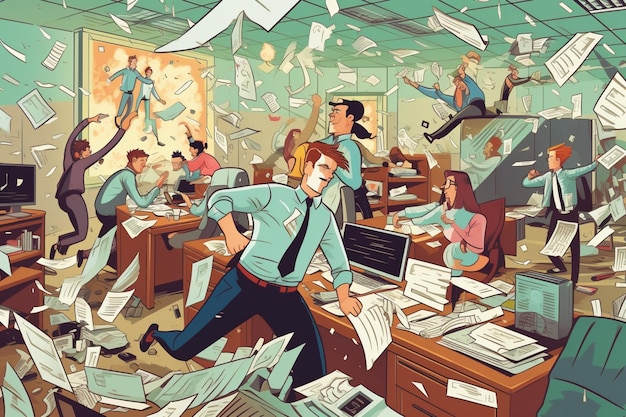 Есть много людей в загруженном офисе с бумагами, летящими вокруг генеративной ай