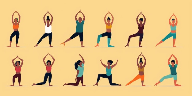 Photo there are many people doing yoga poses in different poses generative ai