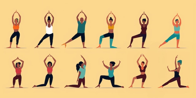 Photo there are many people doing yoga poses in different poses generative ai