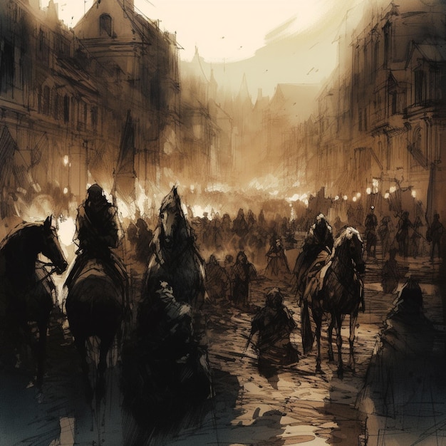 there are many people riding horses in a city street generative ai