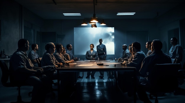 there are many people sitting around a table in a dark room generative ai