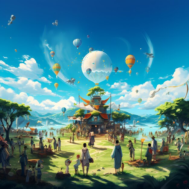 There are many people standing in a field with many balloons generative ai