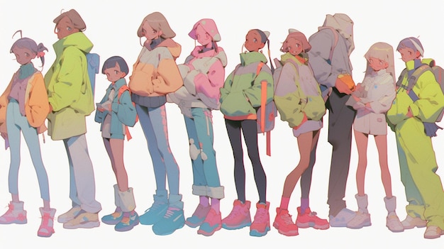 There are many people standing together in a line with backpacks generative ai