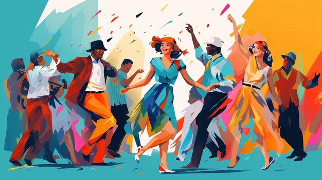 there are many people that are dancing together in a colorful illustration generative ai