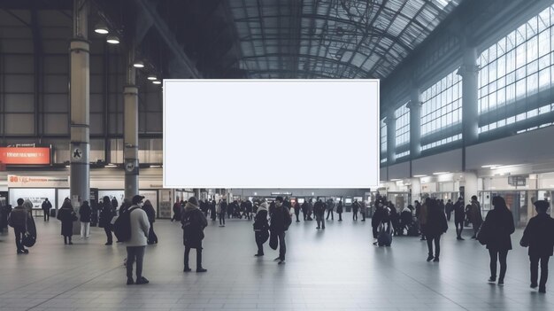 There are many people walking around a large building with a big screen generative ai