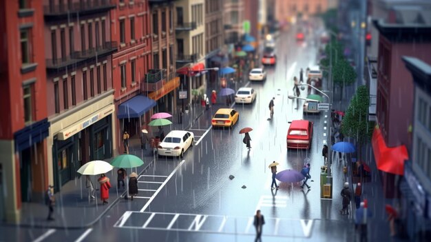 There are many people walking down the street with umbrellas generative ai