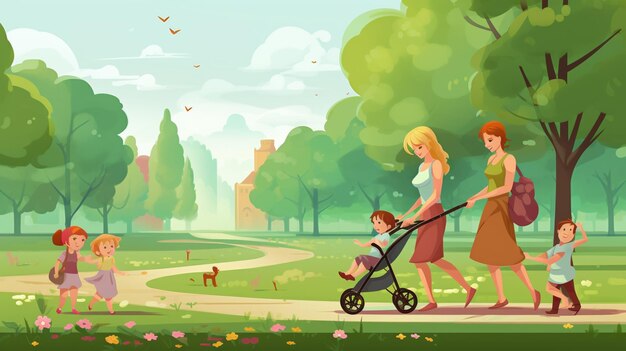 There are many people walking in the park with a baby carriage generative ai