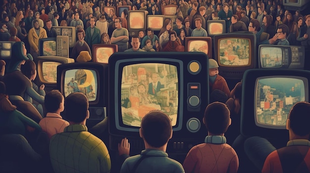 There are many people watching televisions in a crowded room generative ai