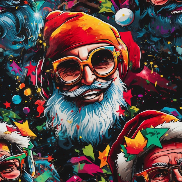 There are many people wearing santa hats and sunglasses on a black background generative ai