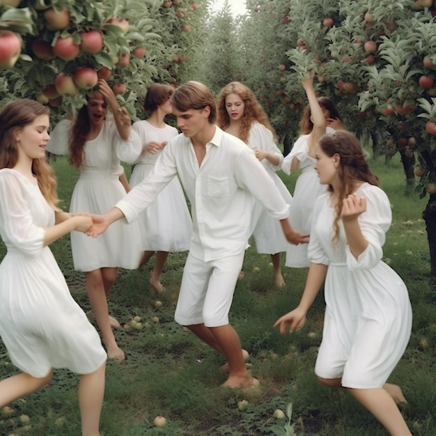 Foto ci sono molte persone in abiti bianchi che camminano attraverso un frutteto di mele generativo ai