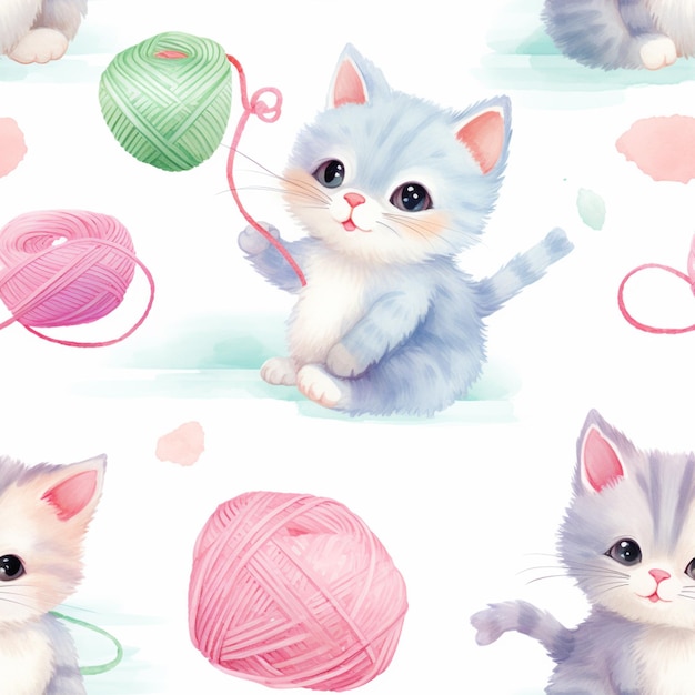there are many pictures of a kitten playing with a ball of yarn generative ai