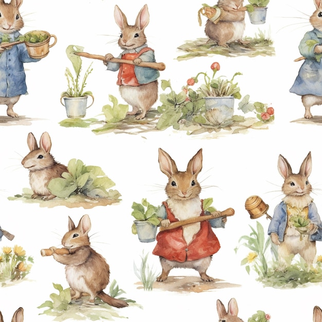 There are many pictures of a rabbit with a basket of flowers generative ai