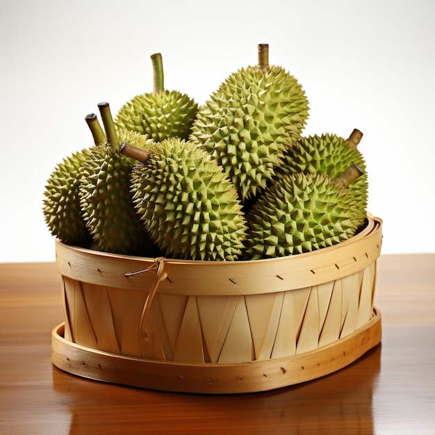 There are many pieces of durian fruit in a basket on a table generative ai