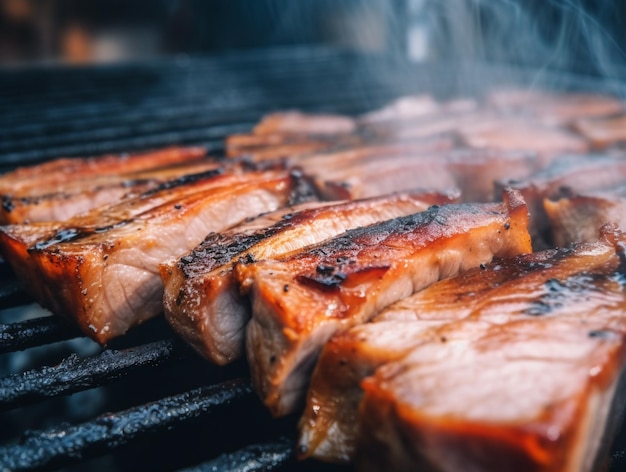 there are many pieces of meat cooking on a grill with smoke generative ai